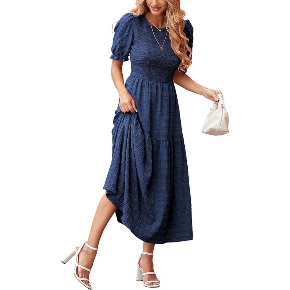 Women's Navy Polyester Crew Neck Short Sleeve A Line Casual Midi Dress